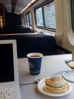 The egg-mcmuffin-like entree doesn't look especially good, but the idea of slipping away somewhere on a train for a few days is very appealing. 