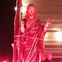 Jesus contemplates the means of his death, just as he was doing in 2008. Note the star on a stick that he's tethered to.