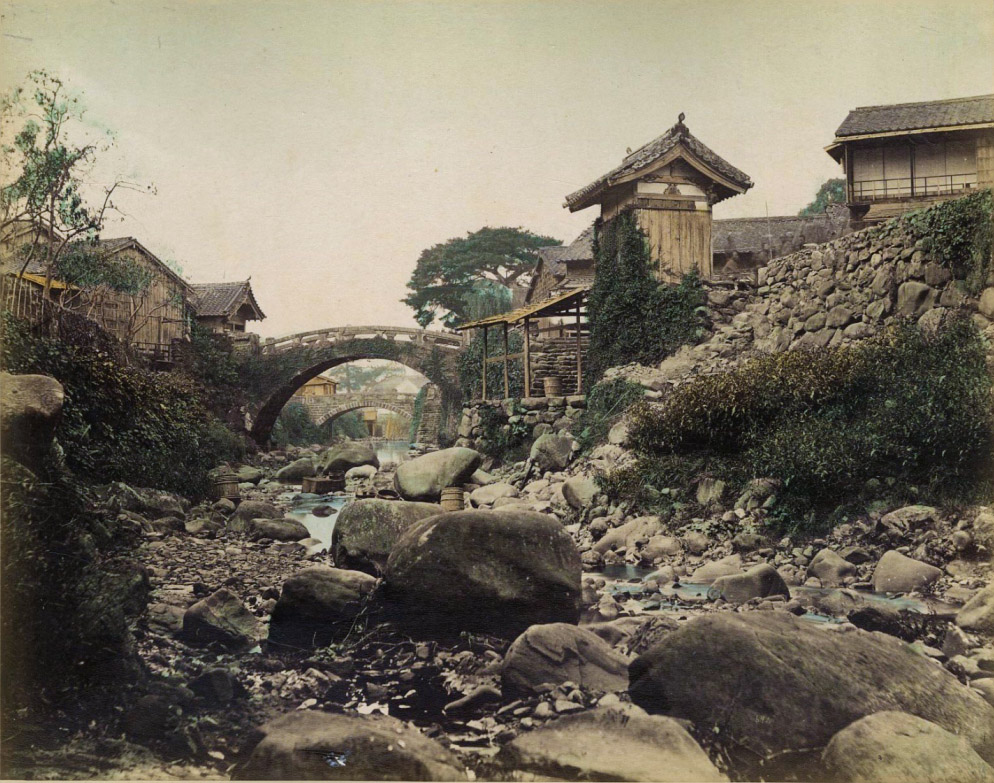 Stone bridges over the Nakashima River, Nagasaki, Japan, circa 1870s.